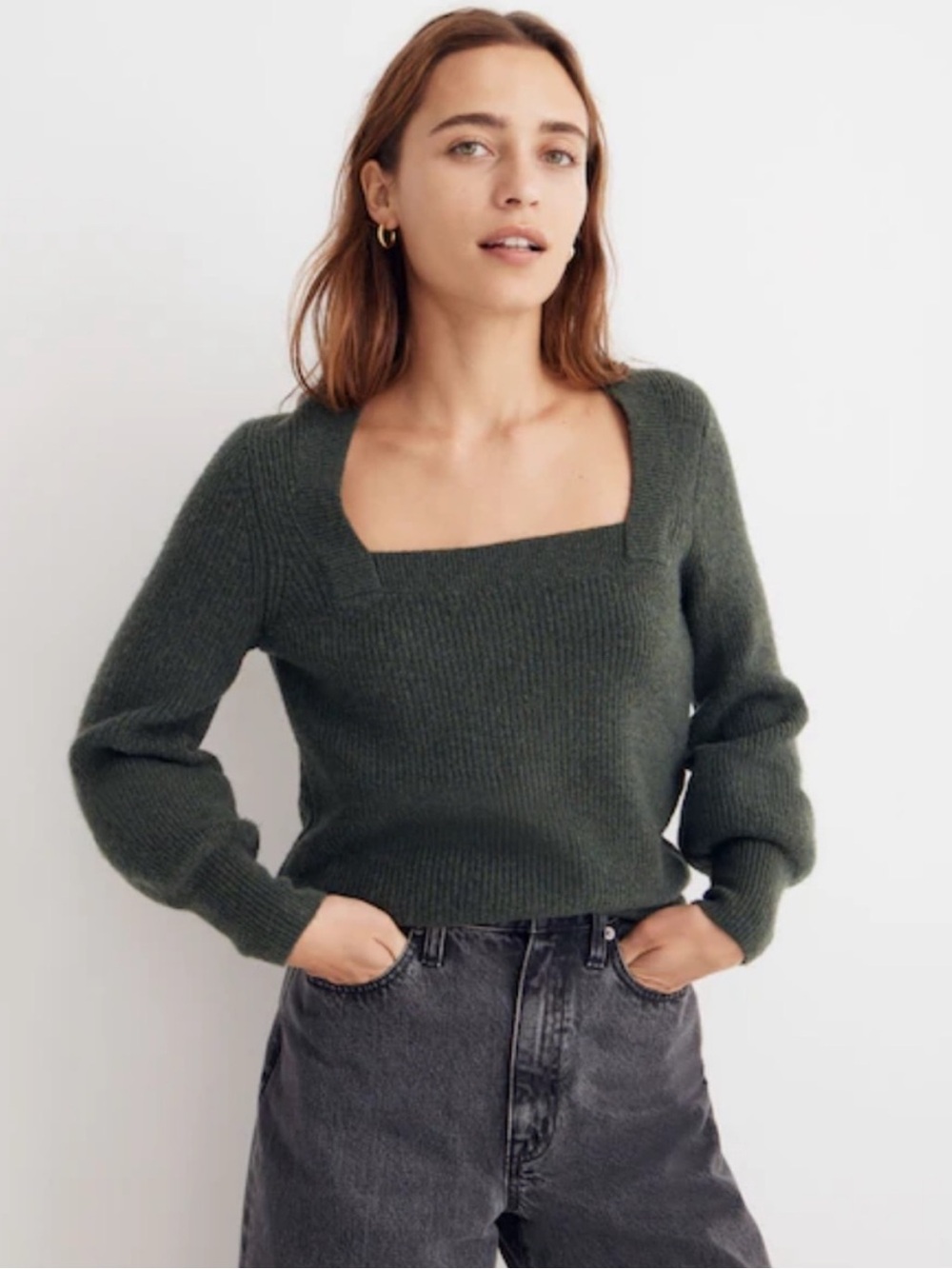 Madewell Melwood Square-Neck Pullover Sweater Heather Fatigue Green